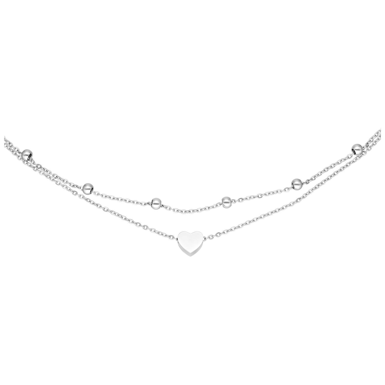 Silbernes doppelreihiges Armband mit Herzanhänger und Kugeln auf weißem Hintergrund