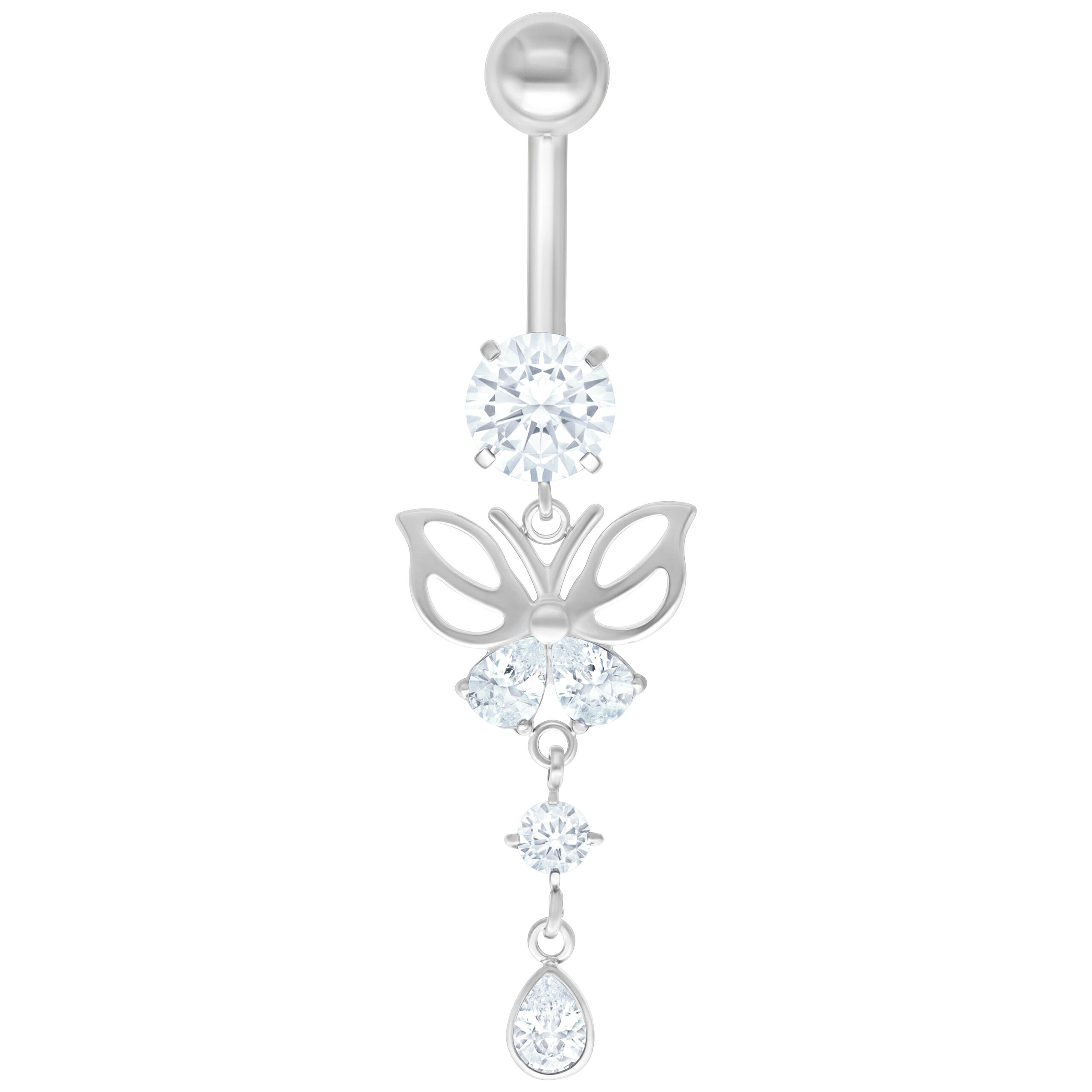 Silbernes Butterfly Bananabell aus Titan mit klaren Kristallen auf weißem Hintergrund