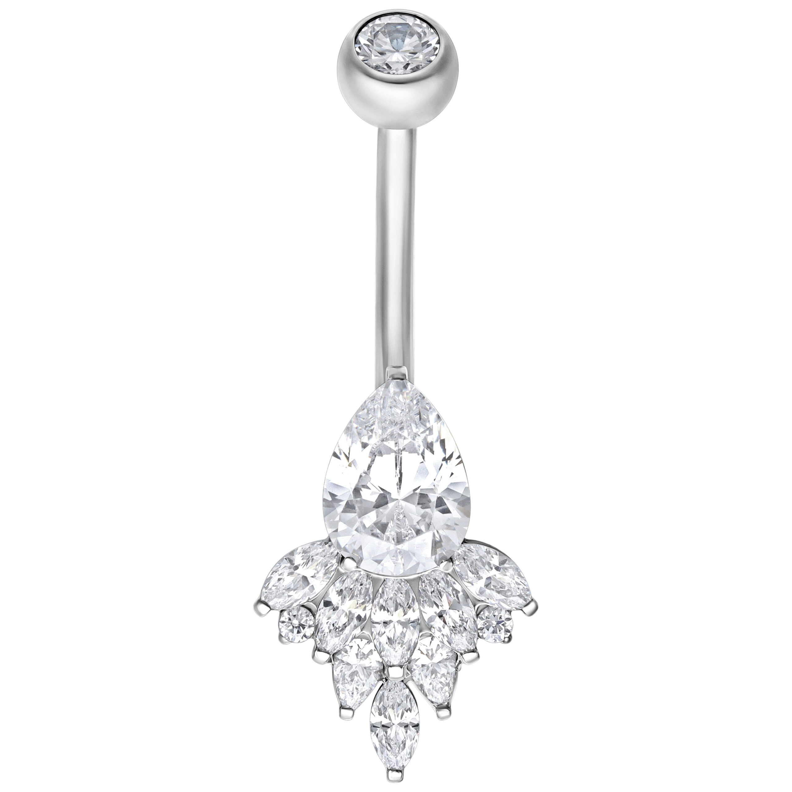 Silbernes Bananabell-Piercing mit klaren Kristallen auf weißem Hintergrund