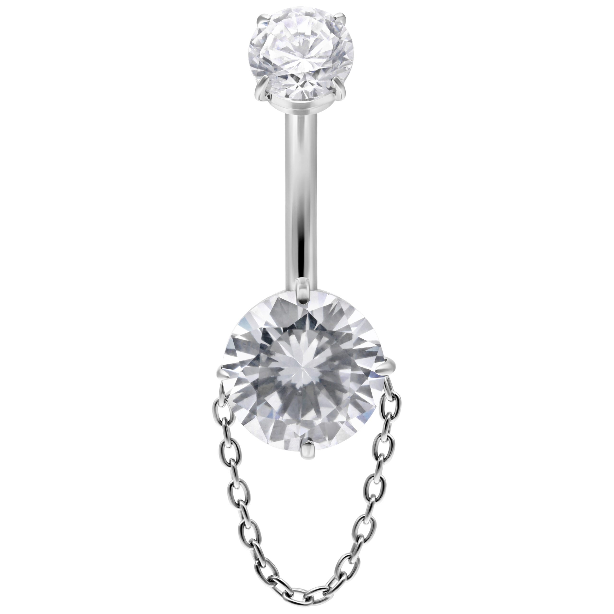 Silbernes Bananabell mit klaren Kristallen und Kette auf weißem Hintergrund