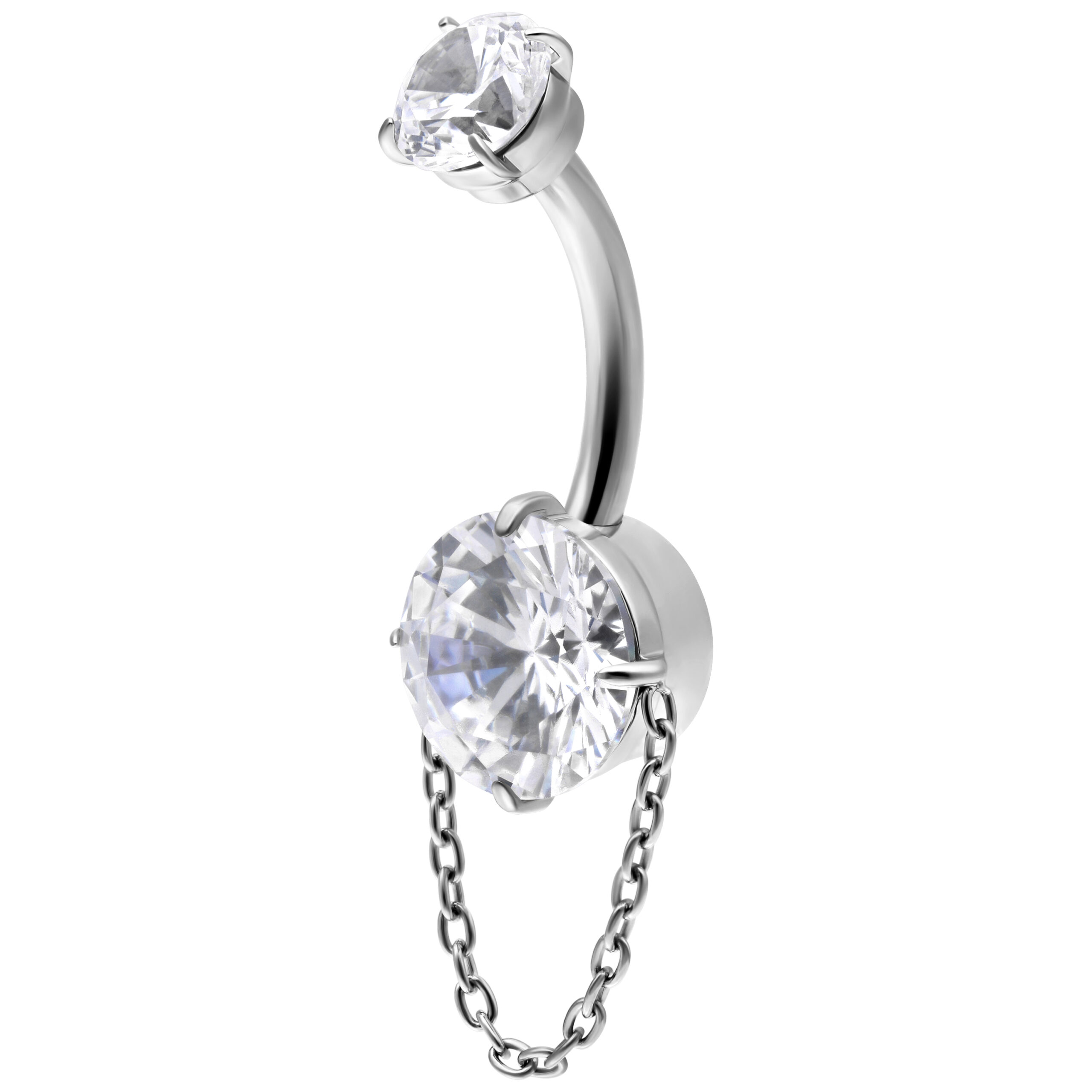 Silbernes Bananabell Piercing mit klaren Kristallen und Kette auf weißem Hintergrund