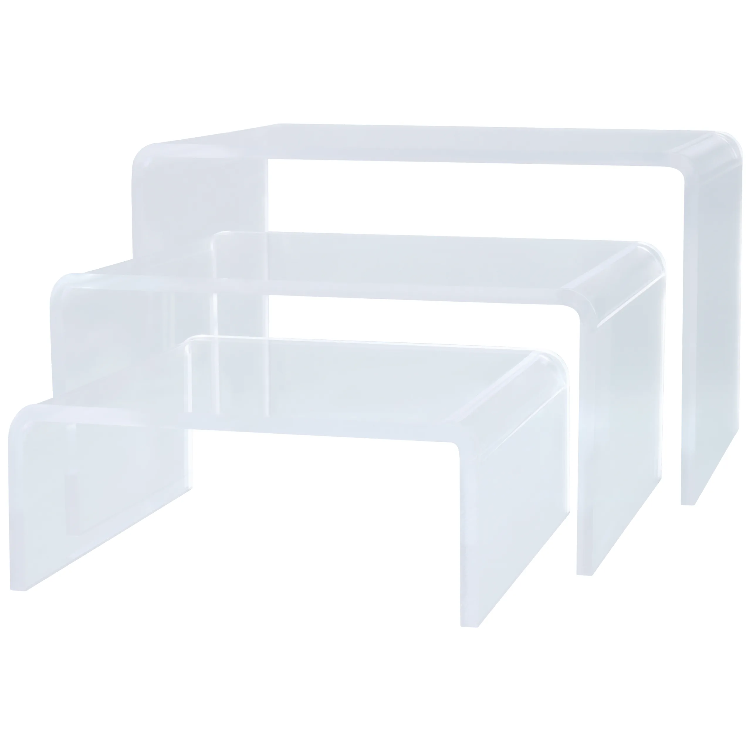 Schwarzes Acryl-Display-Set in drei Größen Drei schwarze Acryl-Displays in verschiedenen Größen auf weißem Hintergrund