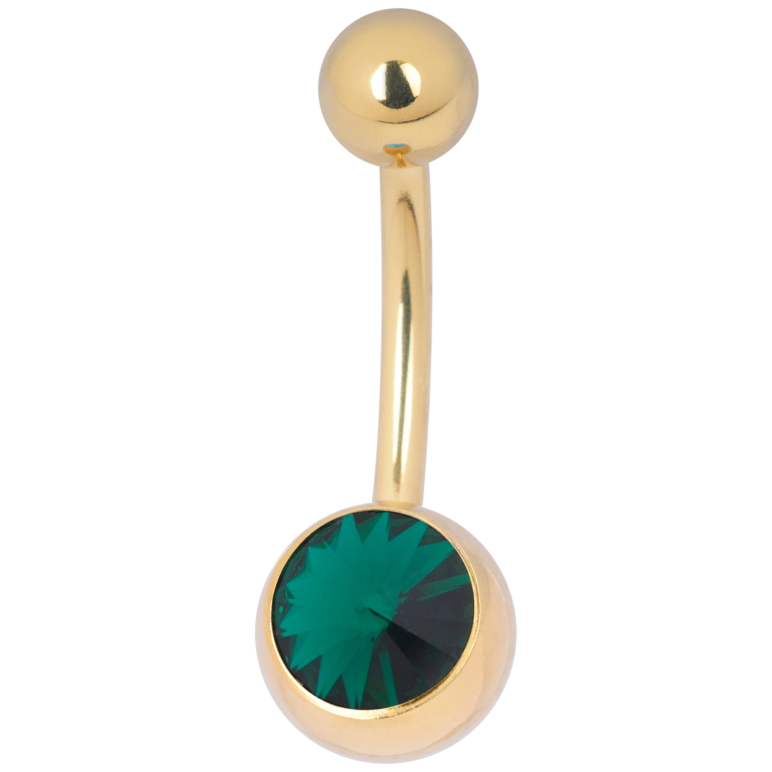 Goldenes Bauchnabelpiercing mit smaragdgrünem Kristall auf weißem Hintergrund