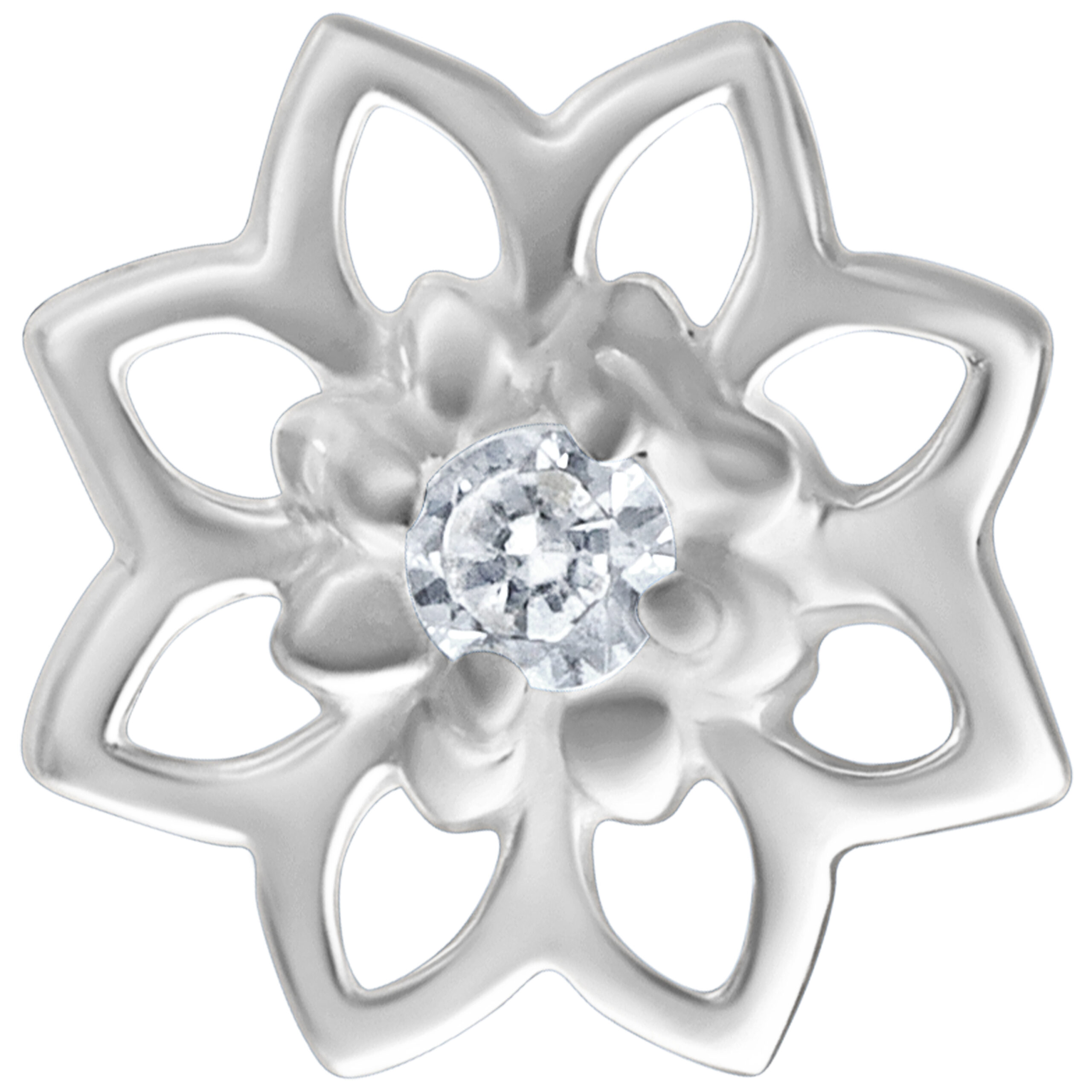 Silberner Sunflower Aufsatz mit glitzerndem Kristall in der Mitte auf weißem Hintergrund