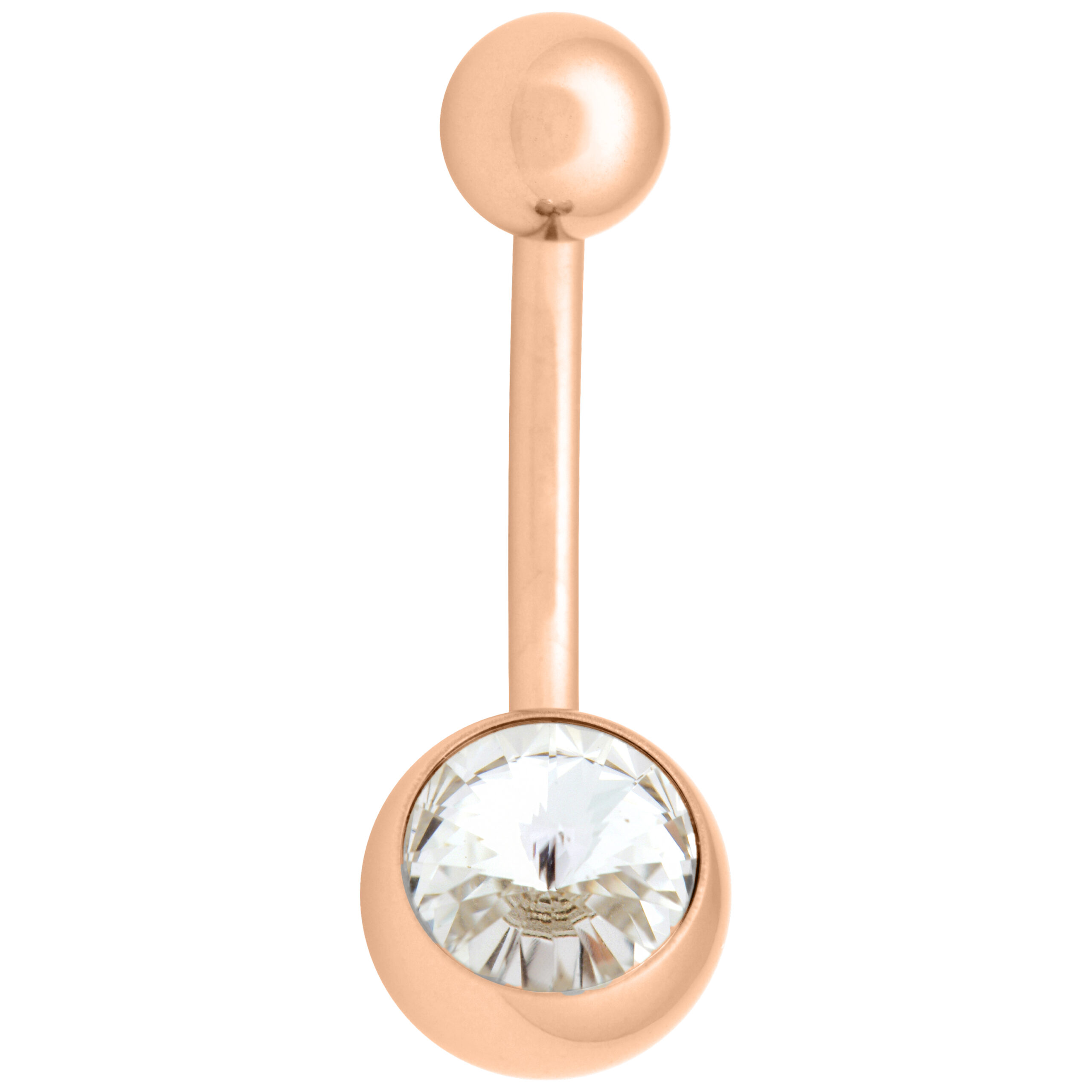 Roségoldenes Bauchnabelpiercing mit kristallklarem Stein auf weißem Hintergrund