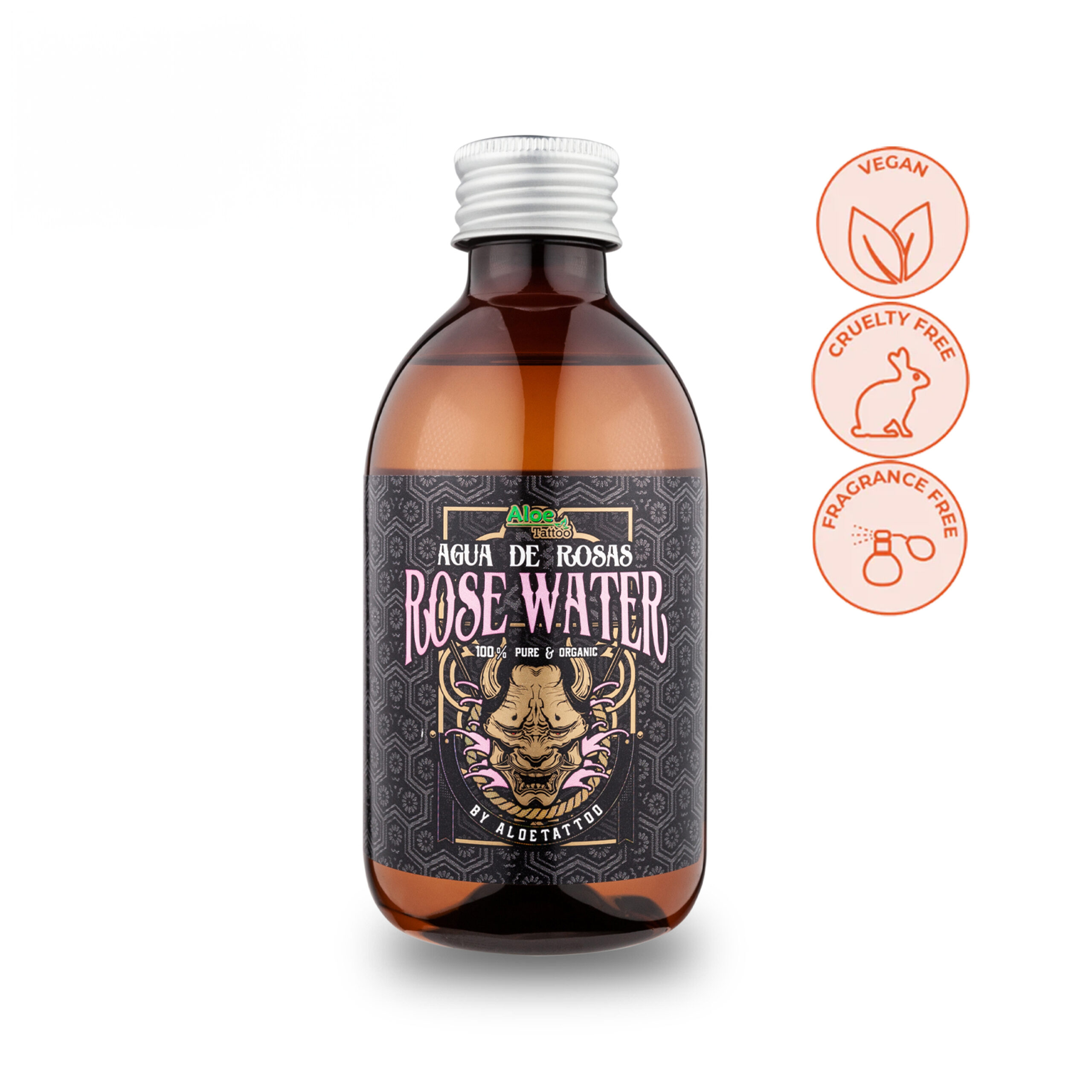 Braune Glasflasche mit Rosen Wasser und schwarzem Etikett auf weißem Hintergrund