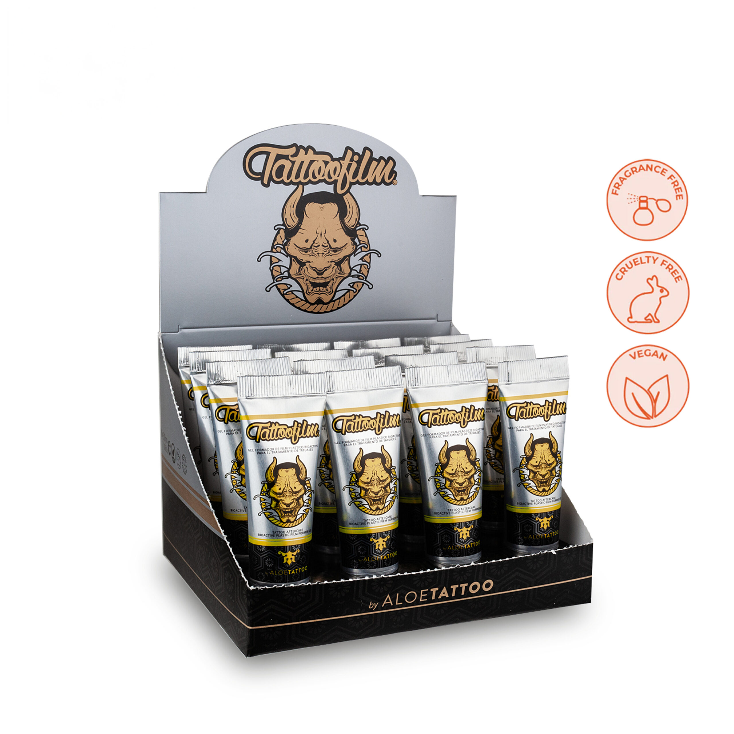 Box mit 16 Tattoofilm Tuben von Aloe Tattoo auf weißem Hintergrund