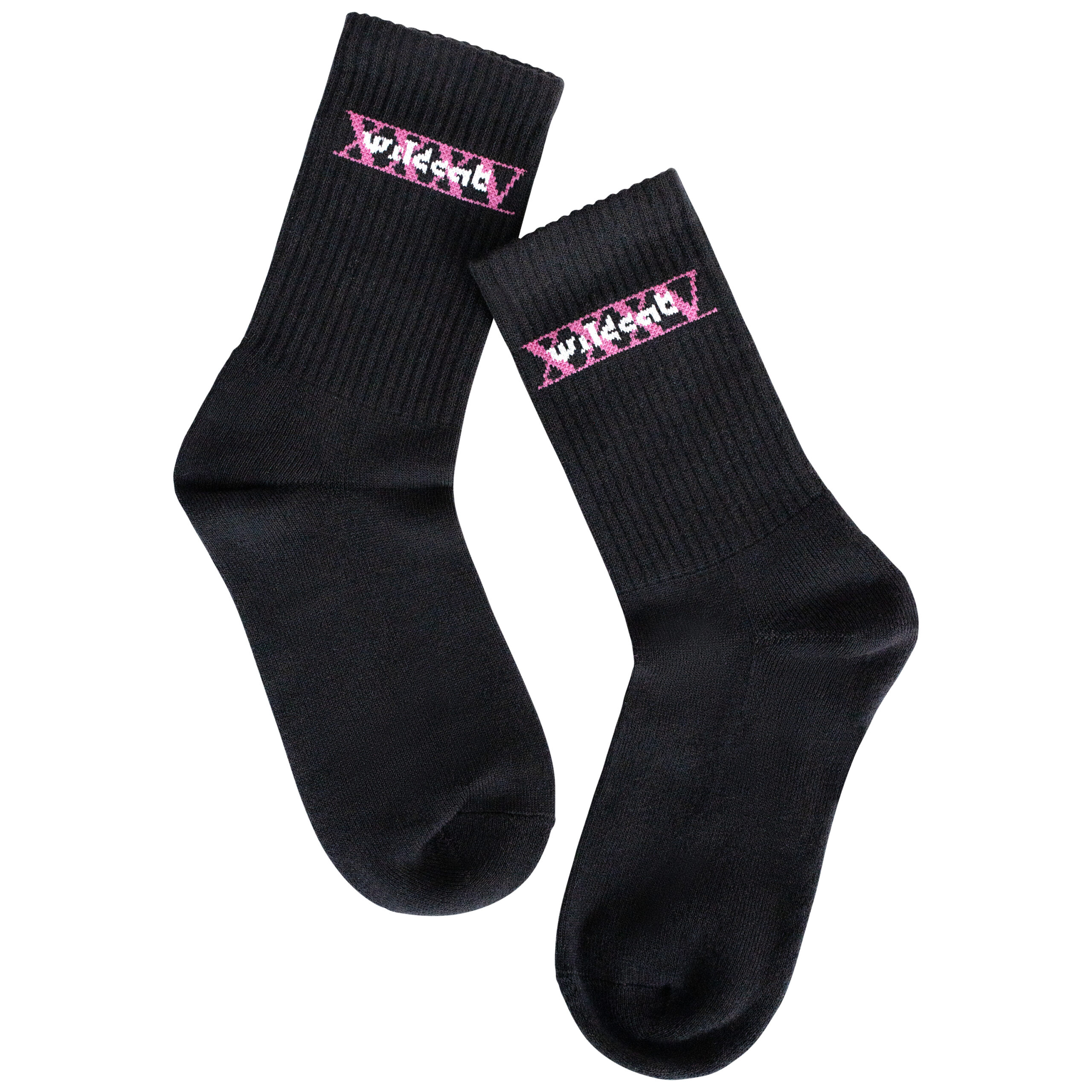 Schwarze Socken mit pinkem Wildcat Logo auf weißem Hintergrund, Größe 36-40