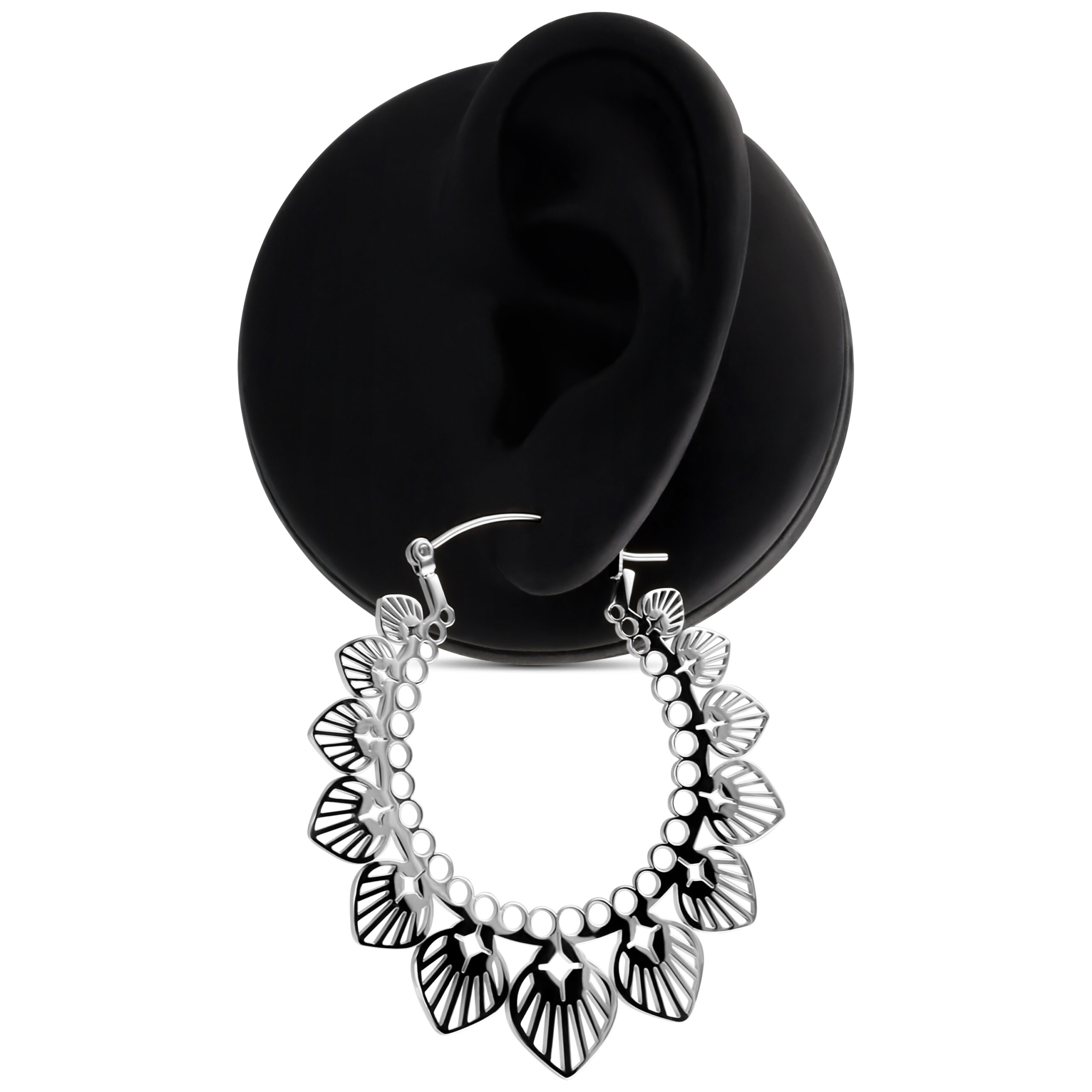 Silberne Sunflower Bubble Hoops Ohrringe auf schwarzem Display