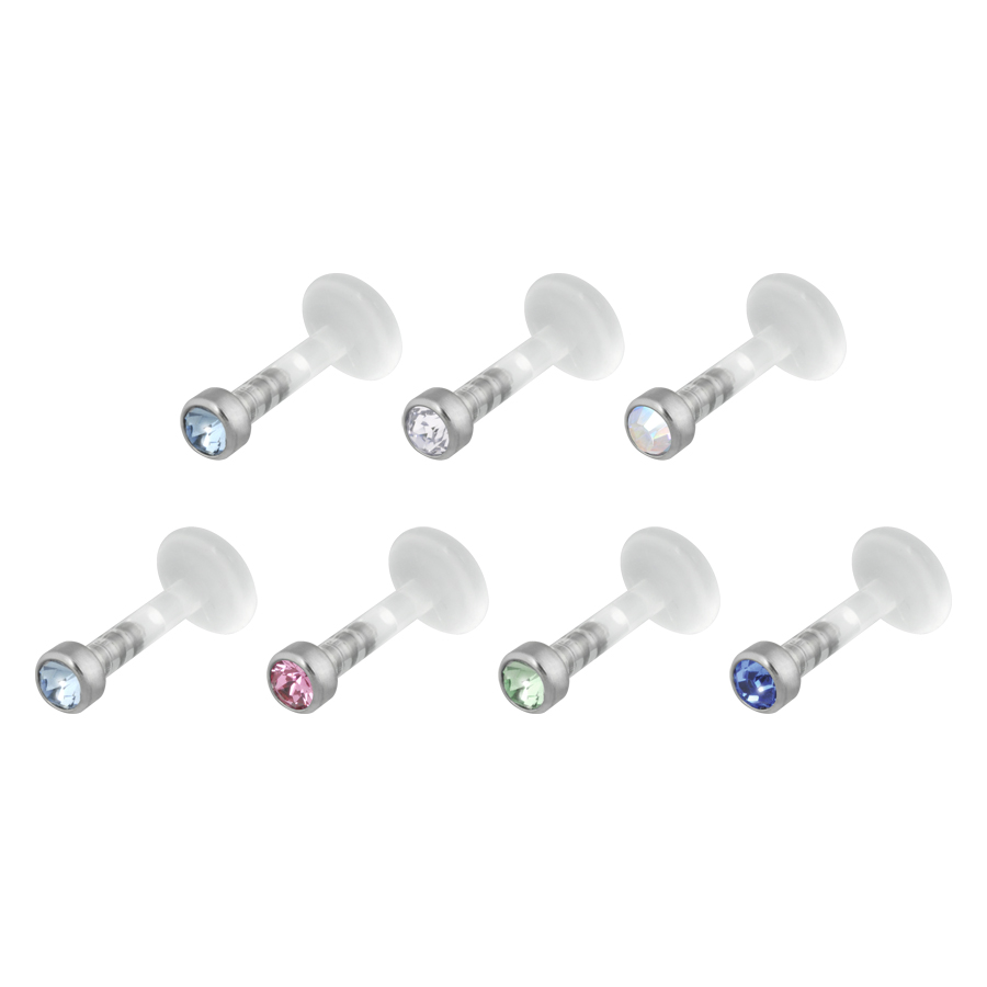 Sechs Push-Fit Labrets mit Kristallen in verschiedenen Farben auf weißem Hintergrund