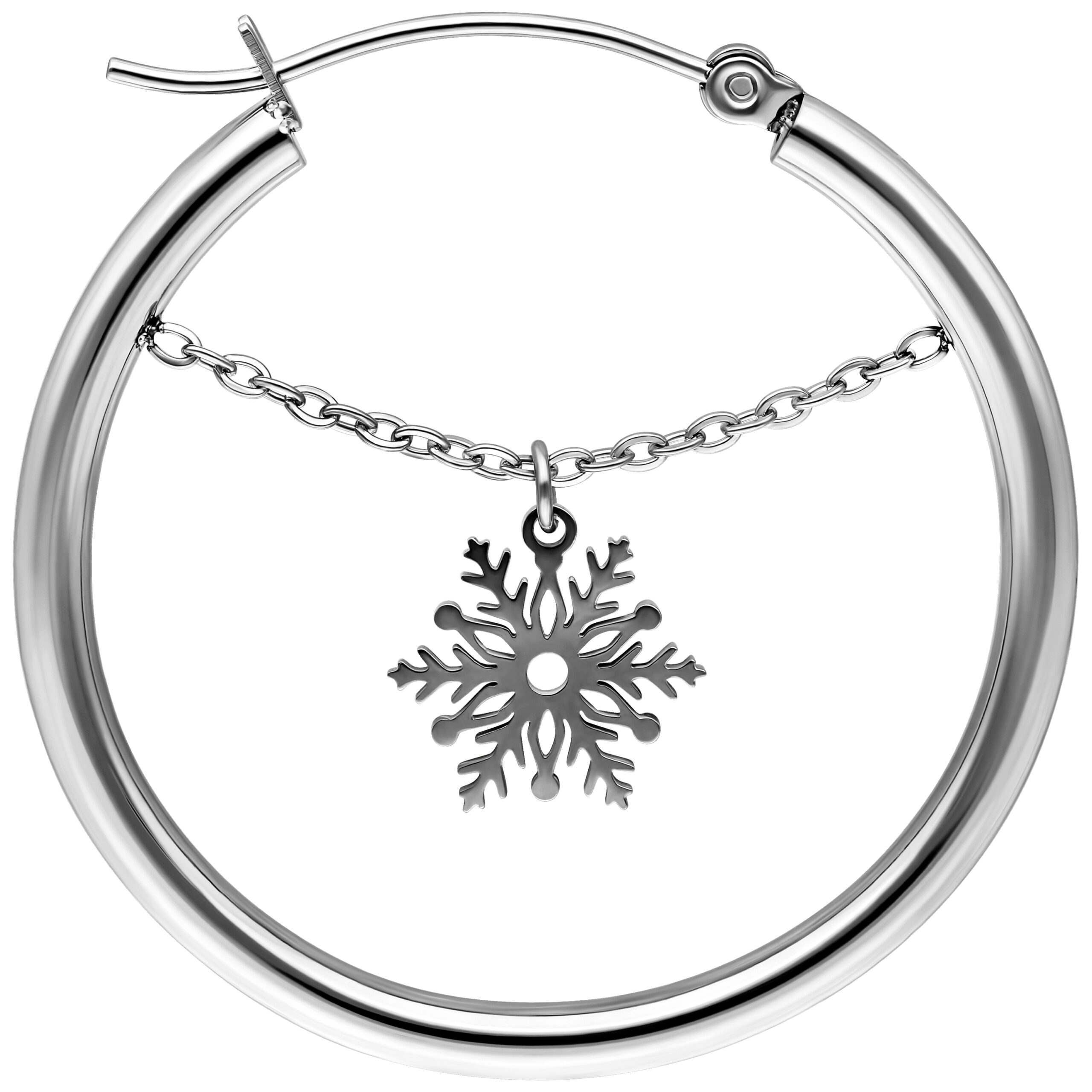 Silberner Ohrring mit Schneeflockenanhänger auf weißem Hintergrund