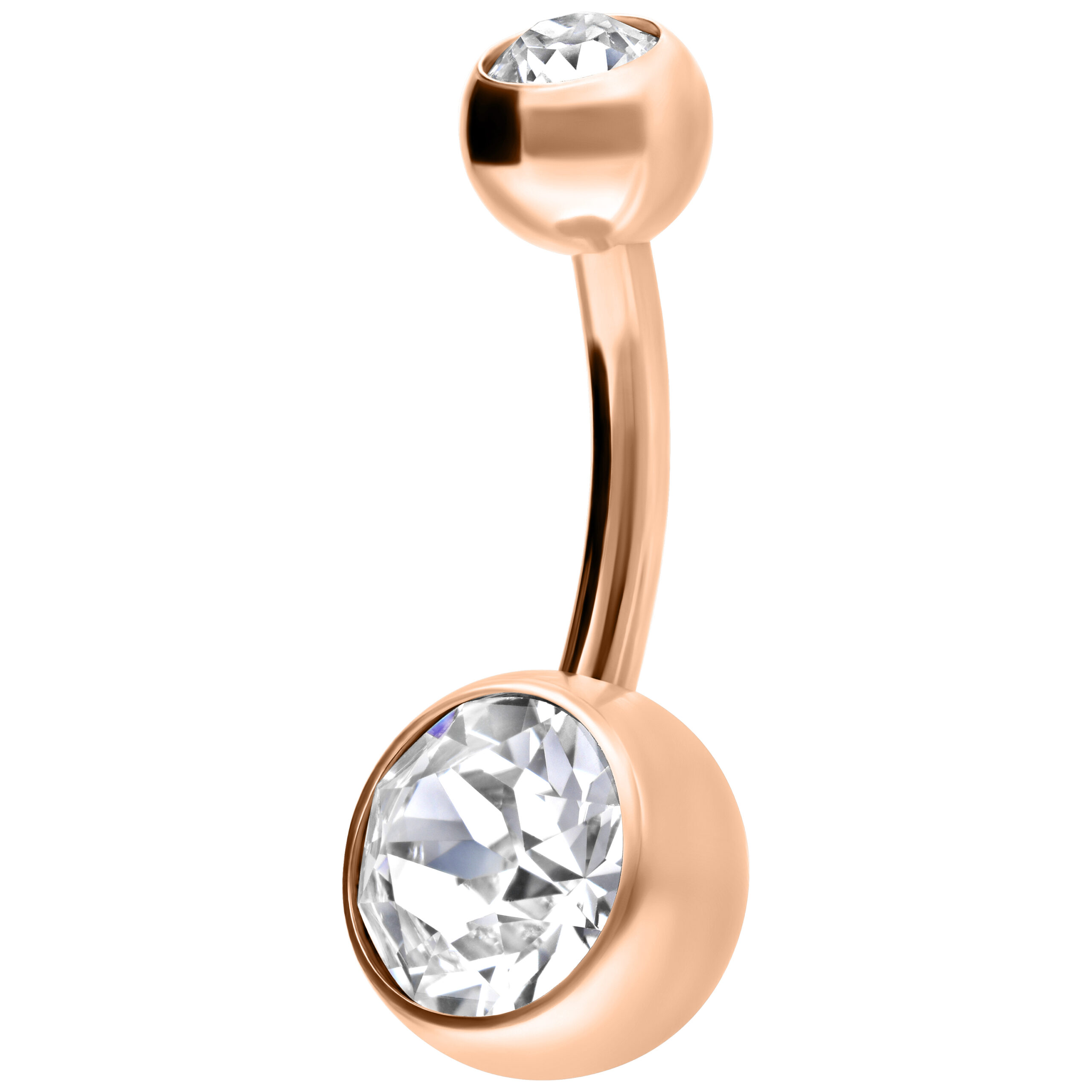 Bauchnabel Bananabell aus Roségold mit zwei kristallklaren Steinen auf weißem Hintergrund