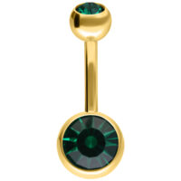 Goldenes Bauchnabel Bananabell mit zwei grünen Kristallen auf weißem Hintergrund