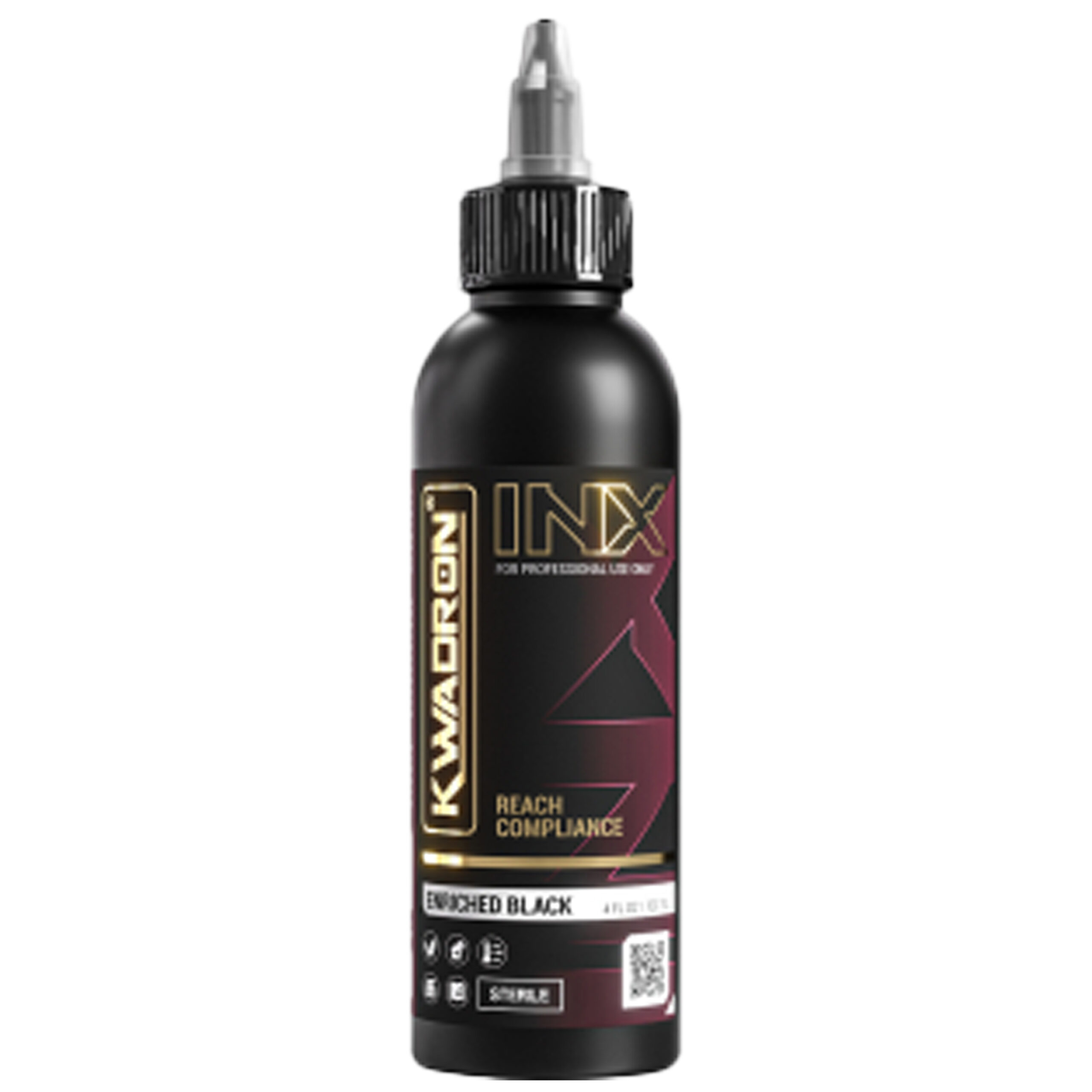 Schwarze KWADRON INX™ Tattooflasche, 120 ml, auf weißem Hintergrund