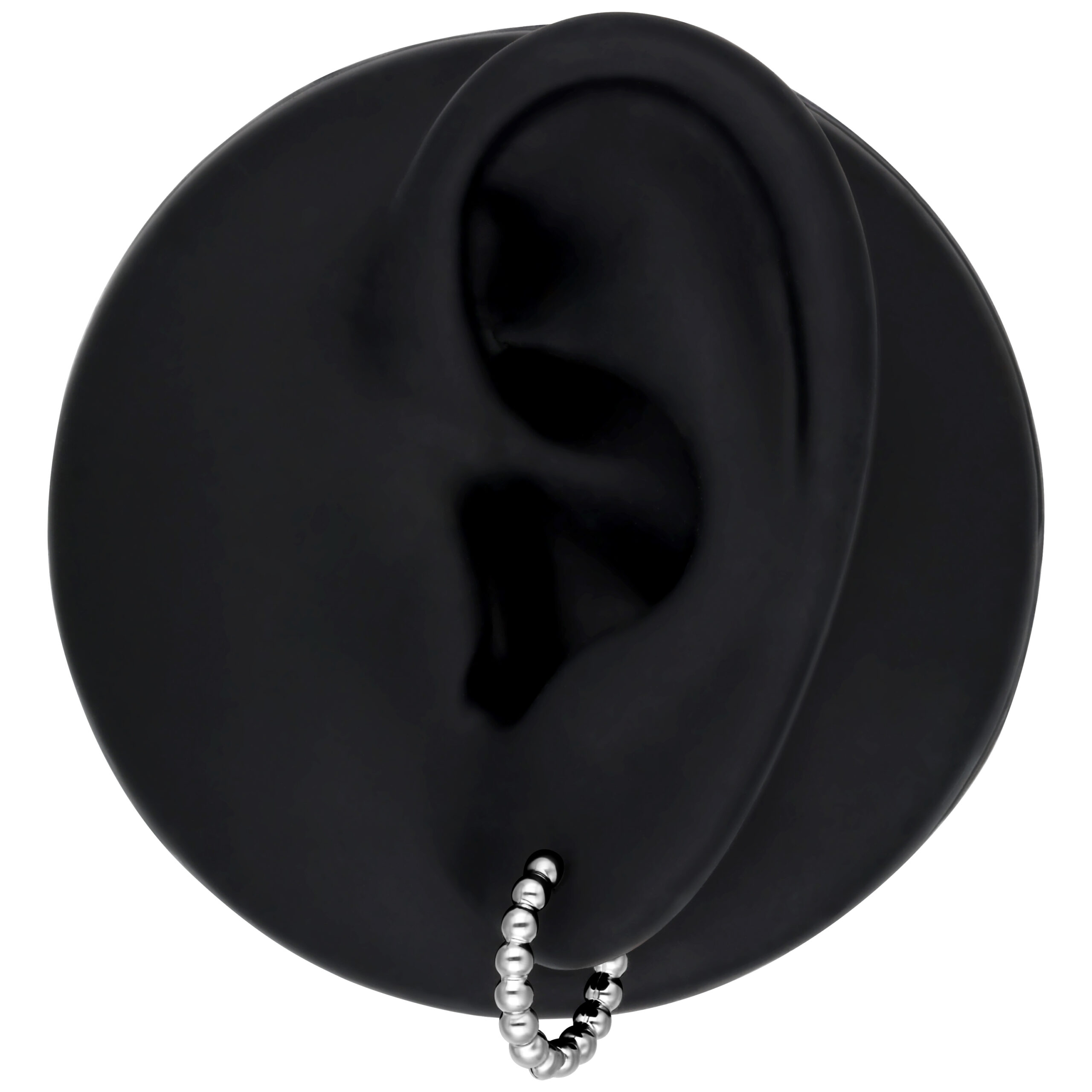 Silberne Bubble Hoop Ohrringe an schwarzem Ohrmodell, schlichtes Design