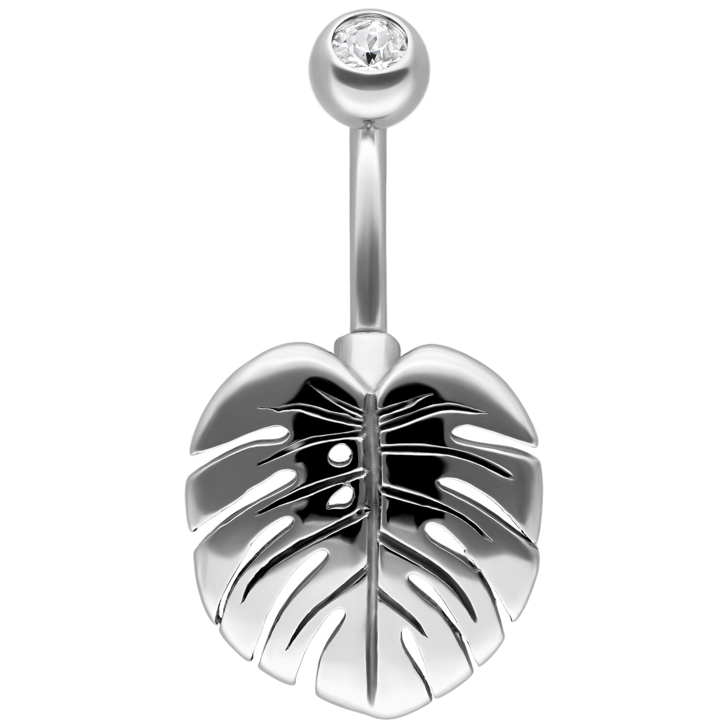 Silbernes Bananabell mit Monstera Blatt und klarem Kristall auf weißem Hintergrund