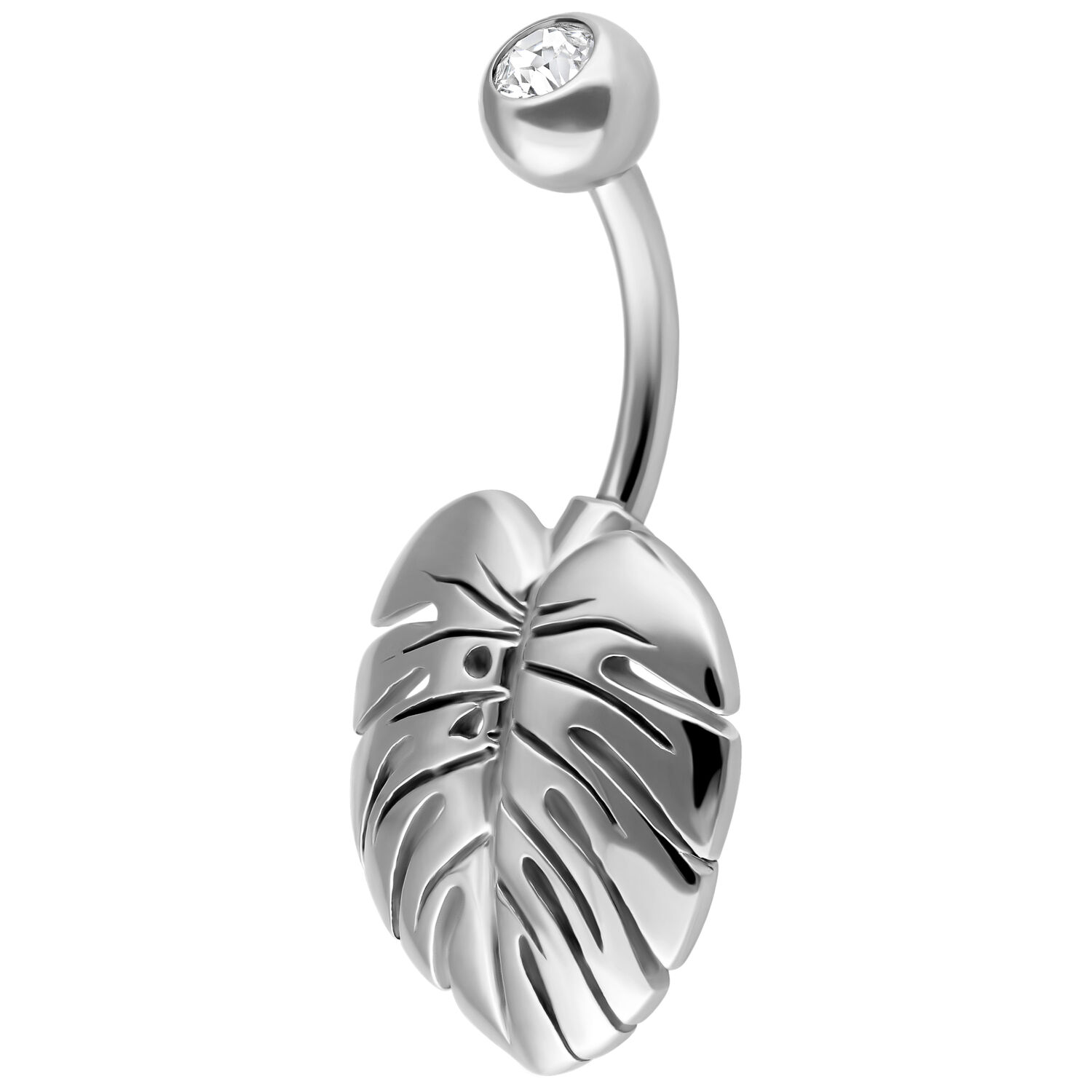 Silbernes Bauchnabelpiercing mit Monstera Blatt und klarem Kristall auf weißem Hintergrund
