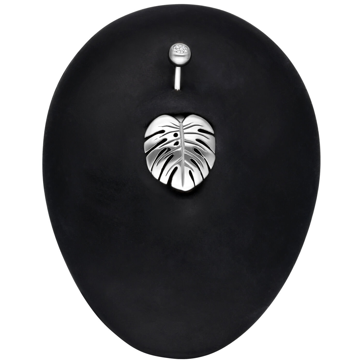 Silbernes Bananabell Piercing mit Monstera Blatt Design auf schwarzem Hintergrund