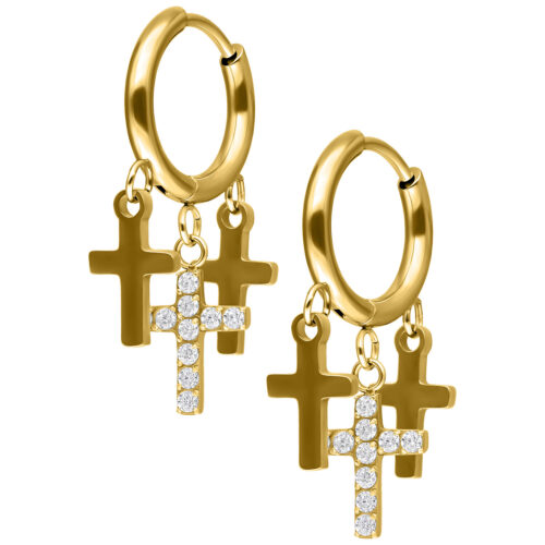 Little Dangling Cross Hoops - Gold
