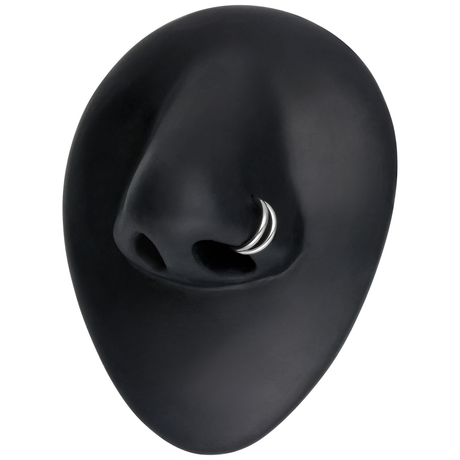 Silberner doppelreihiger Clicker-Piercing auf schwarzem Nasenmodell