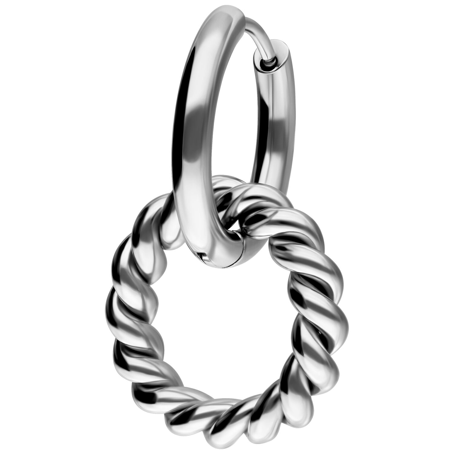 Silberne Twisted Circle Hoops aus Edelstahl auf weißem Hintergrund