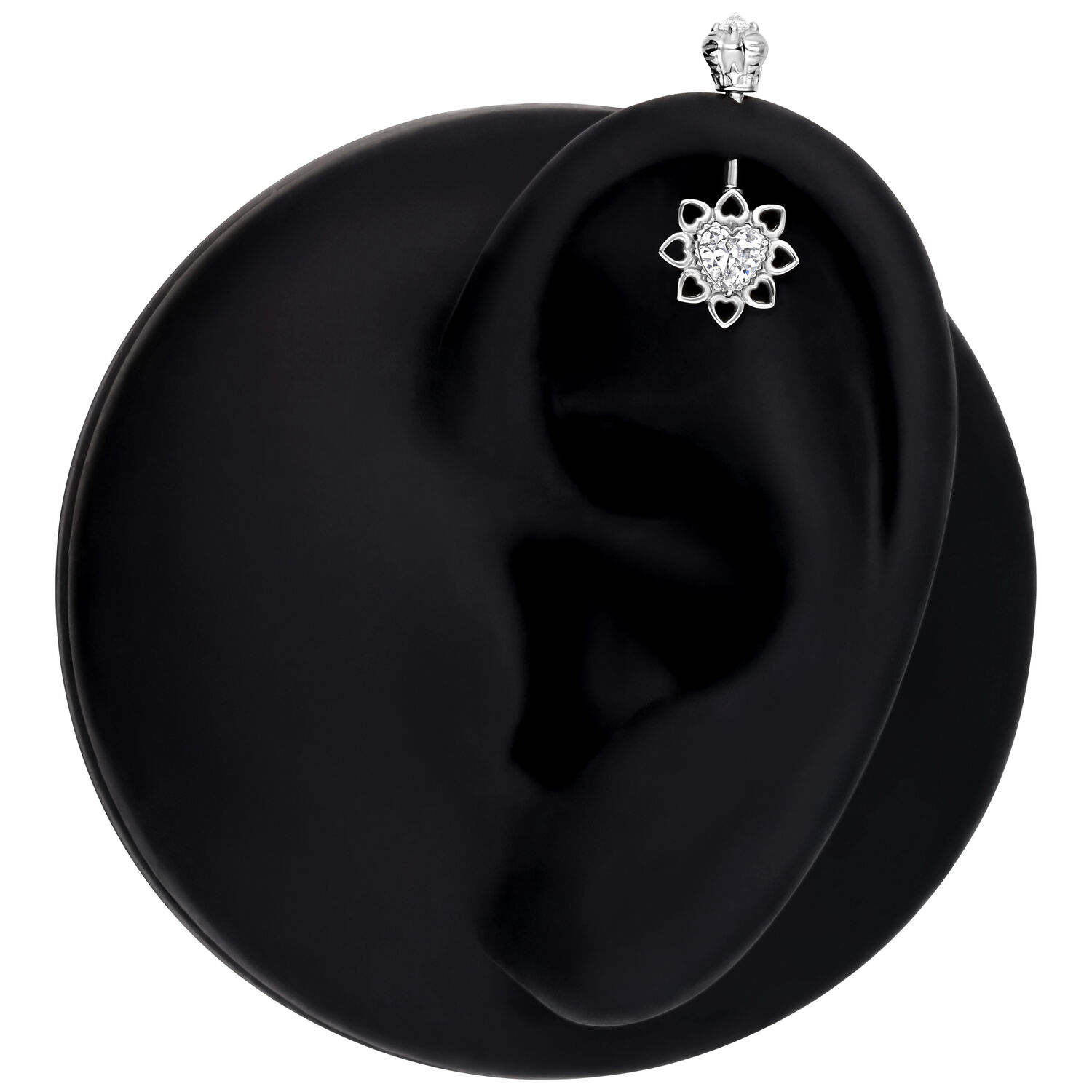 Vertikales Helix Barbell mit Kristallblume Schwarzes Ohrmodell mit silbernem Vertikal Helix Barbell und Kristallblume