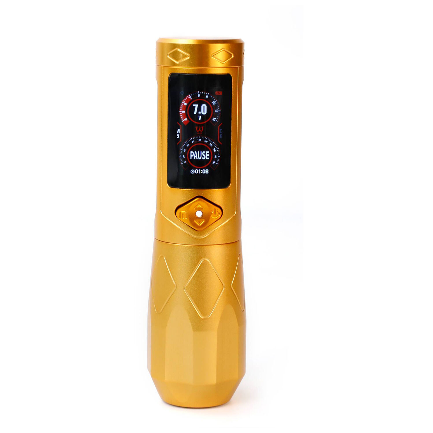 Goldener GTR Wireless Tattoo Pen mit Display auf weißem Hintergrund