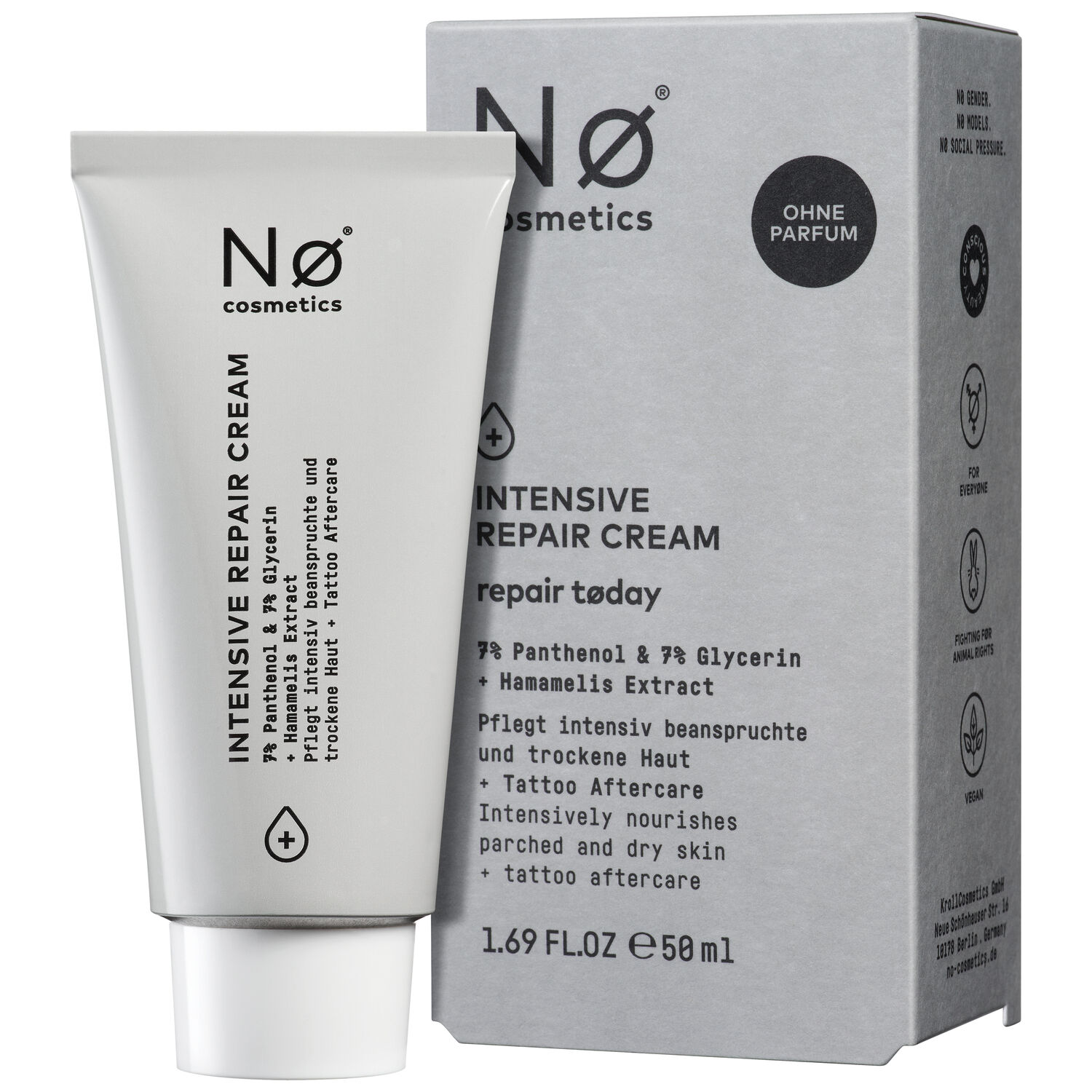 Graue Tube der No Cosmetics Intensiv Repair Cream neben grauer Verpackung