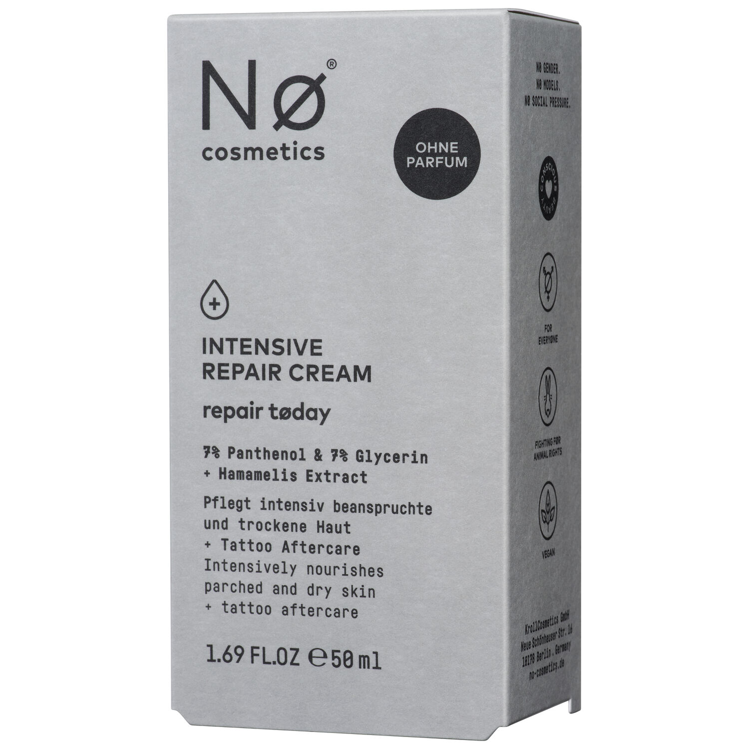 Graue Verpackung der Nø Cosmetics Intensiv Repair Cream 50ml mit Textdetails