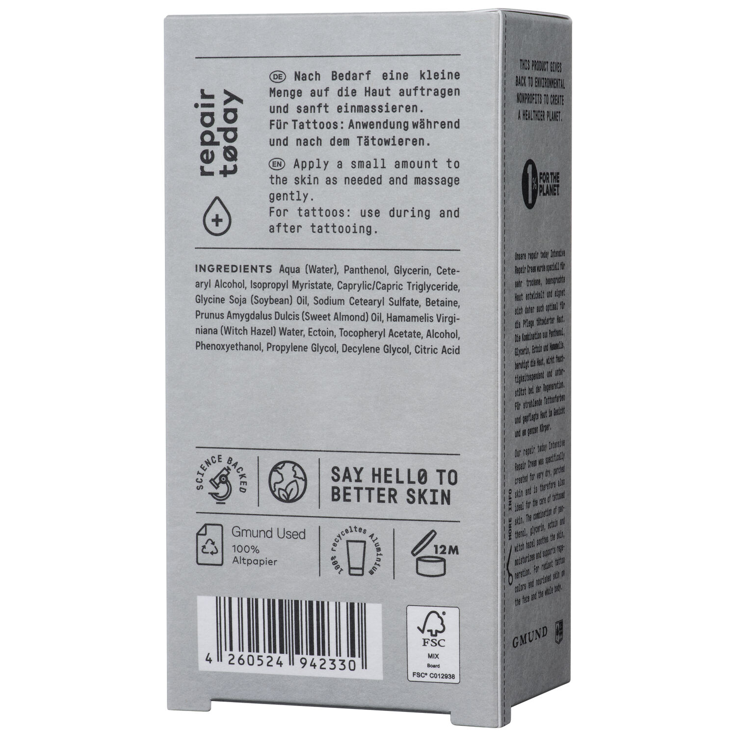 Graue Verpackung der No Cosmetics Intensiv Repair Cream mit Text und Symbolen