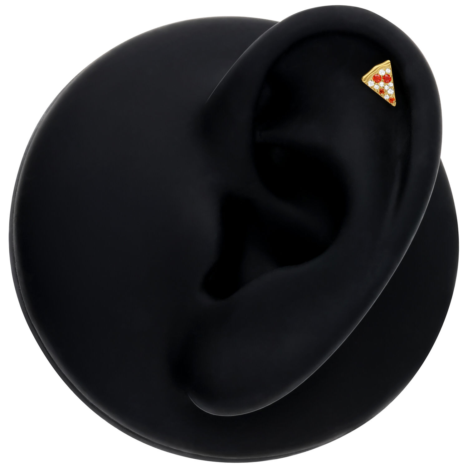 Goldener Pizza-förmiger Piercing-Aufsatz mit klaren Kristallen auf schwarzem Hintergrund