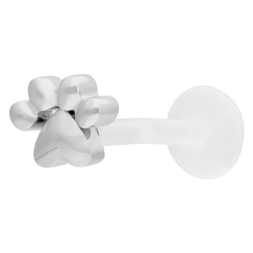 Silberfarbenes Labret mit Pfotenmotiv auf weißem Hintergrund