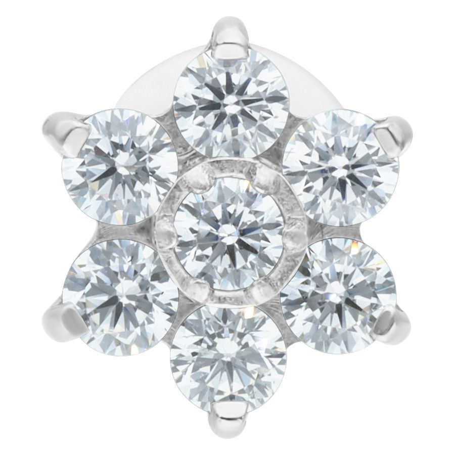 Silbernes Labret mit Blumenaufsatz aus klaren Kristallen auf weißem Hintergrund