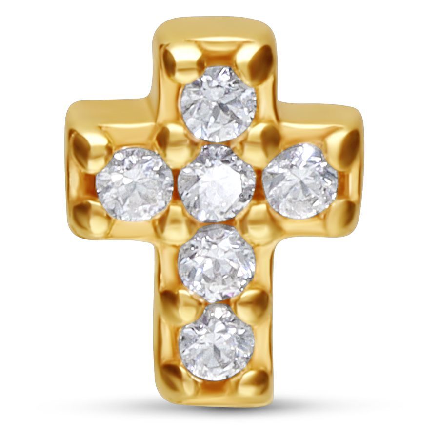 Goldener Kreuzaufsatz aus 14K mit fünf klaren Kristallen auf weißem Hintergrund