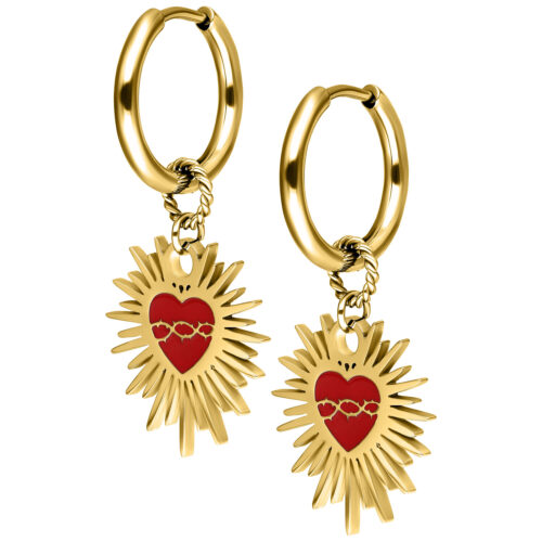 Enamel Sacred Heart Barbed Wire Hoops Pair - Gold