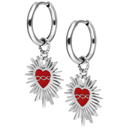 Enamel Sacred Heart Barbed Wire Hoops Pair - Silber