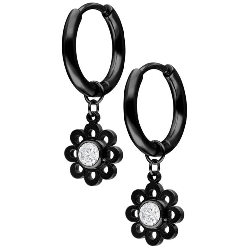 Mini Crystal Flower Hoops Pair - Schwarz