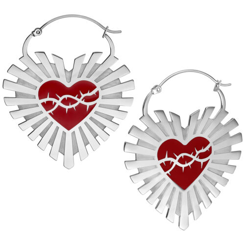 Barbed Wire Sacred Heart Hoops Pair - Silber