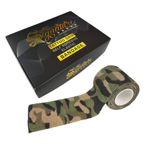 Camouflage Grip Bandage Rolle neben schwarzer Verpackung mit gelber Schrift