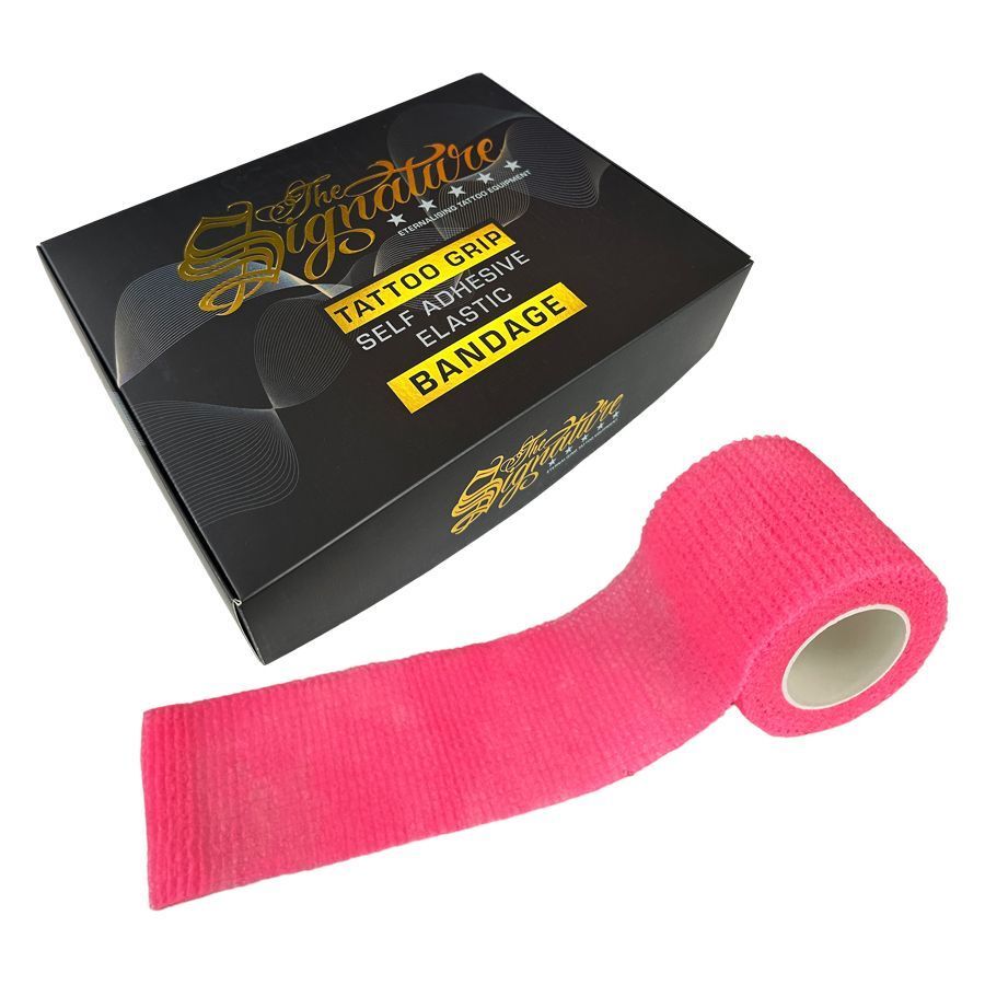 Pinkfarbene Grip Bandage auf weißem Hintergrund neben einer schwarzen Box