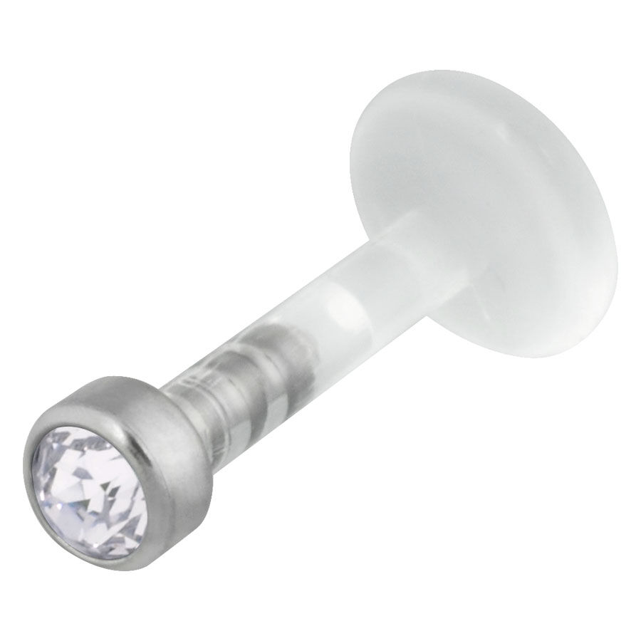 Labret aus Bioplast mit kristallklarem Stein und Titanaufsatz auf weißem Hintergrund