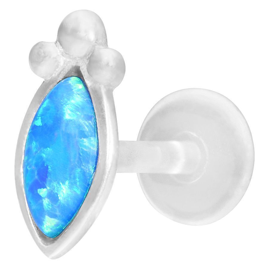 Silbernes Push-Fit Labret mit dunkelblauem synthetischem Opal auf weißem Hintergrund