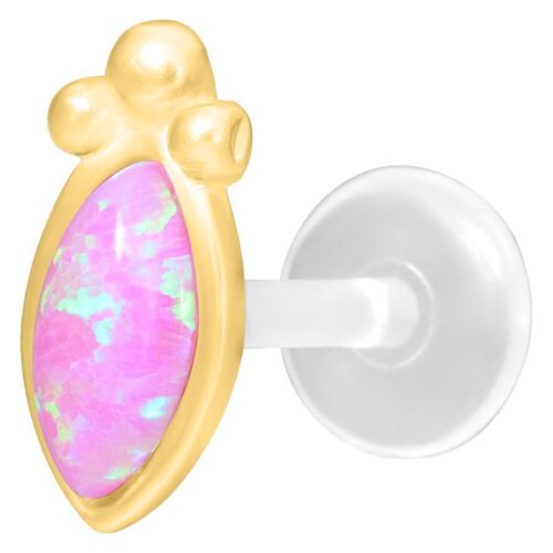 Goldener Labret mit rosa synthetischem Opal auf weißem Hintergrund