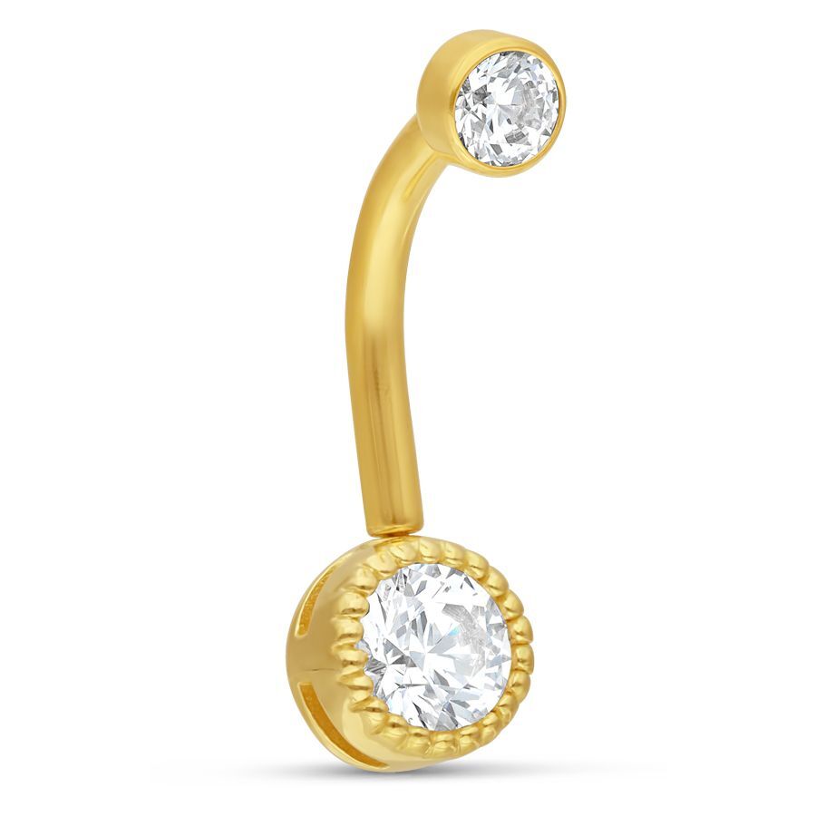 Goldenes Bananabell mit zwei klaren Kristallen auf weißem Hintergrund