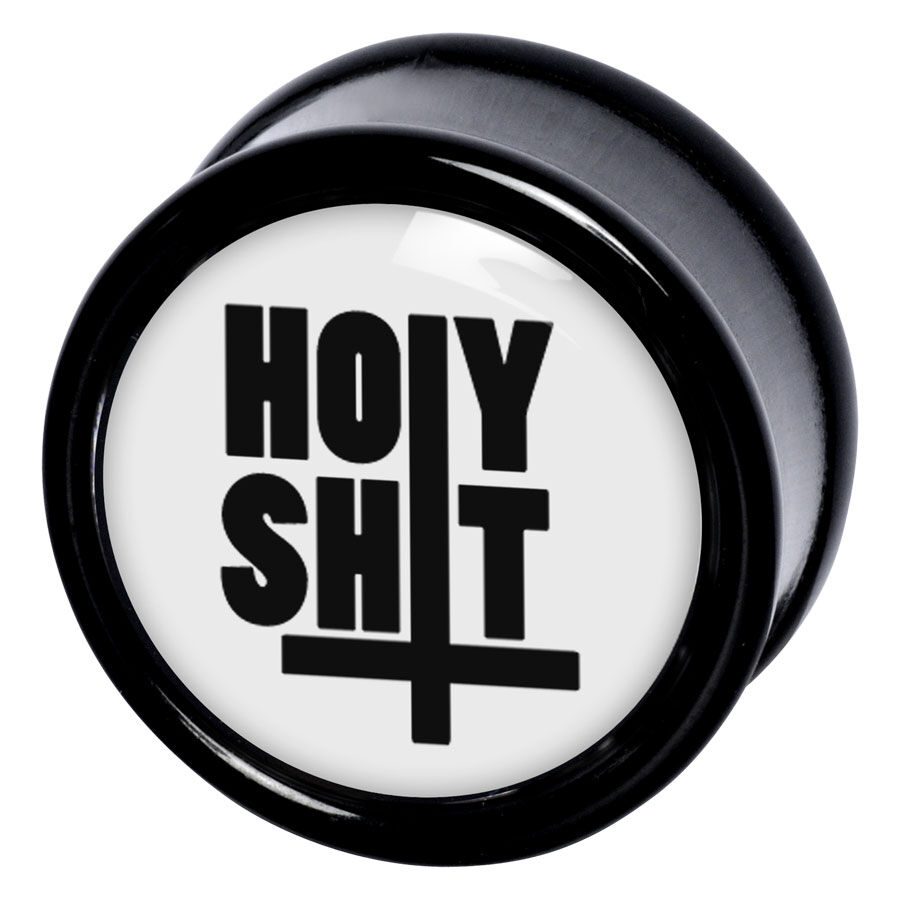 Schwarzer Plug mit 'Holy Shit' Schriftzug auf weißem Hintergrund