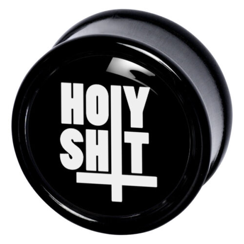 Schwarzer Plug mit weißem 'Holy Shit' Schriftzug auf schwarzem Hintergrund
