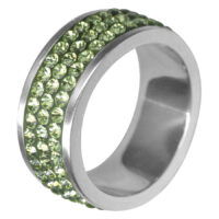 Silberner Ring mit hellgrünen Kristallen, Größe 54, auf weißem Hintergrund