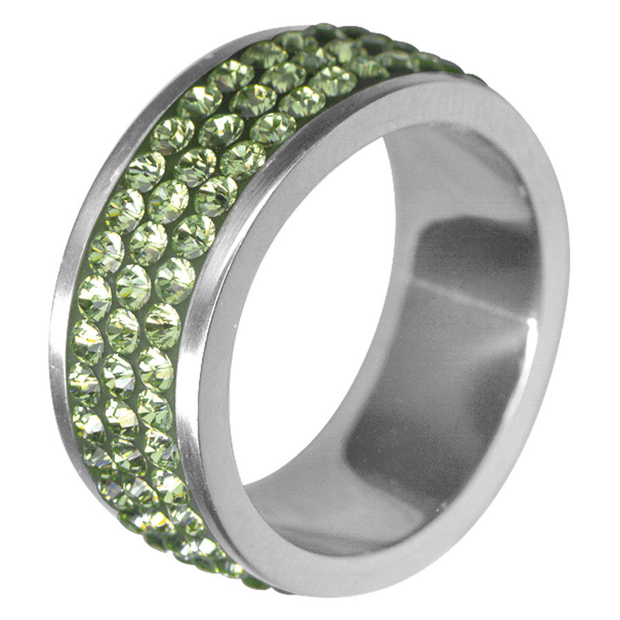Silberner Ring mit hellgrünen Kristallen, Größe 54, auf weißem Hintergrund