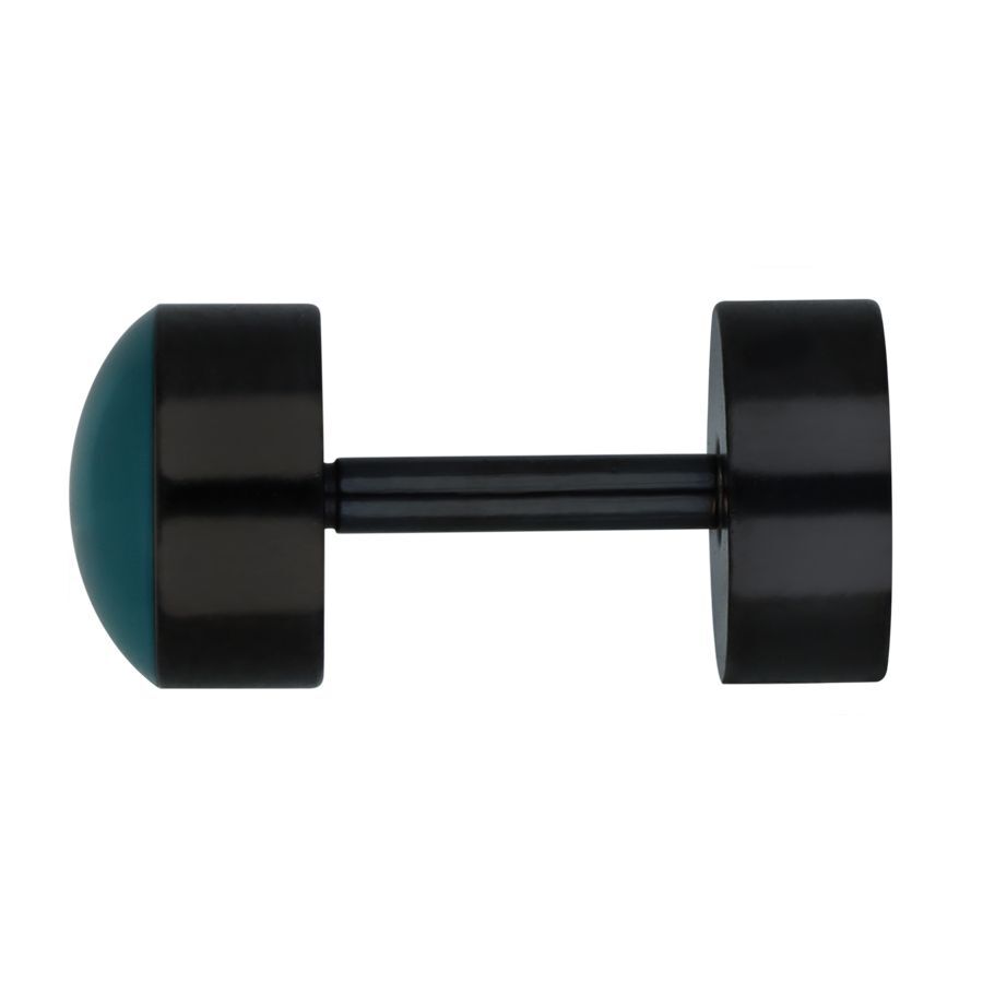 Schwarzer Fake Plug mit türkiser Kuppel aus Chirurgenstahl auf weißem Hintergrund