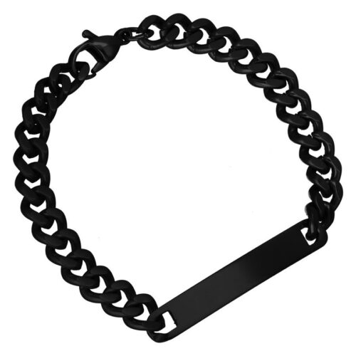 Schwarzes Armband mit gravierbarer Platte aus Chirurgenstahl, auf weißem Hintergrund